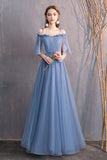 Blue Tulle Long Prom Dresses, A-Line Bridesmaid Dresses HZ0429