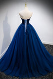 Blue Velvet Tulle Long Prom Dresses, A-Line Strapless Evening Dresses HZ0429