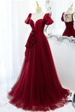 A-Line Satin Tulle Long Prom Dresses, Burgundy Evening Dresses HZ0429