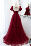A-Line Satin Tulle Long Prom Dresses, Burgundy Evening Dresses HZ0429