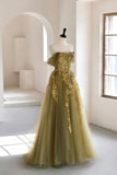 Green Tulle Long Prom Dresses, A-Line Off the Shoulder Evening Dresses HZ0429