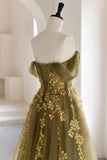Green Tulle Long Prom Dresses, A-Line Off the Shoulder Evening Dresses HZ0429