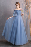 Blue Tulle Long Prom Dresses, A-Line Bridesmaid Dresses HZ0429