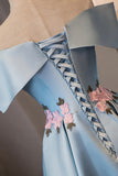 Blue Satin Off the Shoulder Prom Dresses, A-Line Homecoming Dresses HZ0429