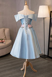 Blue Satin Off the Shoulder Prom Dresses, A-Line Homecoming Dresses HZ0429