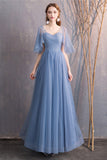 Blue Tulle Long Prom Dresses, A-Line Bridesmaid Dresses HZ0429