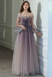 Purple Tulle Lace Long Prom Dress, Ombre Tulle Evening Dress HZ0429
