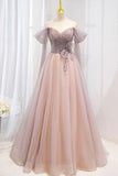 Pink Tulle Beaded Long Prom Dress, Off the Shoulder Evening Dress HZ0429