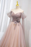 Pink Tulle Beaded Long Prom Dress, Off the Shoulder Evening Dress HZ0429