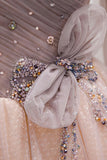 Pink Tulle Beaded Long Prom Dress, Off the Shoulder Evening Dress HZ0429