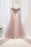 Pink Tulle Beaded Long Prom Dress, Off the Shoulder Evening Dress HZ0429