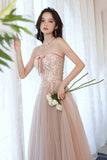 Pink Strapless Lace Long Prom Dresses, A-Line Evening Dresses HZ0429