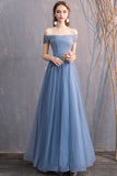 Blue Tulle Long Prom Dresses, A-Line Bridesmaid Dresses HZ0429