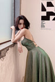 Green A-Line Backless Long Prom Dresses, Evening Dresses HZ0429