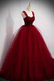 Burgundy Tulle Long A-Line Prom Dress, Burgundy Evening Party Dress HZ0429