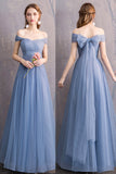 Blue Tulle Long Prom Dresses, A-Line Bridesmaid Dresses HZ0429