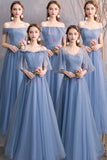 Blue Tulle Long Prom Dresses, A-Line Bridesmaid Dresses HZ0429