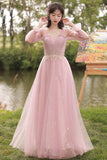Pink Tulle Long Prom Dresses, A-Line Bridesmaid Dresses HZ0429