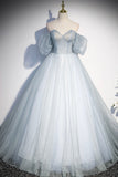 Blue Tulle Long A-Line Prom Dress, Blue Off the Shoulder Evening Dress HZ0429
