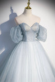 Blue Tulle Long A-Line Prom Dress, Blue Off the Shoulder Evening Dress HZ0429