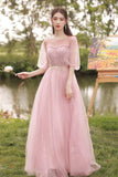 Pink Tulle Long Prom Dresses, A-Line Bridesmaid Dresses HZ0429