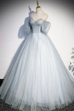 Blue Tulle Long A-Line Prom Dress, Blue Off the Shoulder Evening Dress HZ0429