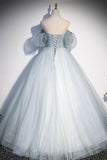 Blue Tulle Long A-Line Prom Dress, Blue Off the Shoulder Evening Dress HZ0429
