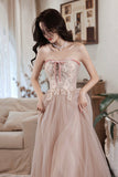 Pink Strapless Lace Long Prom Dresses, A-Line Evening Dresses HZ0429