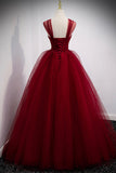 Burgundy Tulle Long A-Line Prom Dress, Burgundy Evening Party Dress HZ0429