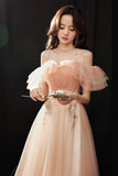 Pink Tulle Off the Shoulder Prom Dresses, A-Line Evening Dress HZ0429