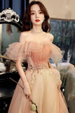 Pink Tulle Off the Shoulder Prom Dresses, A-Line Evening Dress HZ0429