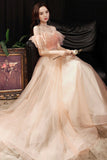 Pink Tulle Off the Shoulder Prom Dresses, A-Line Evening Dress HZ0429