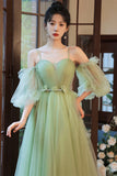 Lovely Green Tulle Long Party Dress, A-Line Evening Party Dress HZ0429