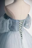 Blue Tulle Long A-Line Prom Dress, Blue Off the Shoulder Evening Dress HZ0429