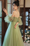 Lovely Green Tulle Long Party Dress, A-Line Evening Party Dress HZ0429