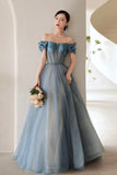 Blue Tulle Off the Shoulder Prom Dress, A-Line Evening Dress HZ0429