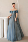 Blue Tulle Off the Shoulder Prom Dress, A-Line Evening Dress HZ0429