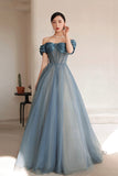 Blue Tulle Off the Shoulder Prom Dress, A-Line Evening Dress HZ0429