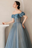 Blue Tulle Off the Shoulder Prom Dress, A-Line Evening Dress HZ0429