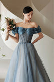 Blue Tulle Off the Shoulder Prom Dress, A-Line Evening Dress HZ0429