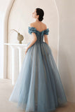Blue Tulle Off the Shoulder Prom Dress, A-Line Evening Dress HZ0429