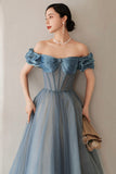 Blue Tulle Off the Shoulder Prom Dress, A-Line Evening Dress HZ0429