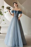 Blue Tulle Off the Shoulder Prom Dress, A-Line Evening Dress HZ0429