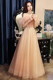 Pink Tulle Sequins Long Prom Dress, Off the Shoulder Evening Dress HZ0429