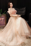 Pink Tulle Sequins Long Prom Dress, Off the Shoulder Evening Dress HZ0429