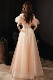 Pink Tulle Sequins Long Prom Dress, Off the Shoulder Evening Dress HZ0429