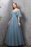 Blue Tulle Long Prom Dresses, A-Line Simple Evening Dresses HZ0429