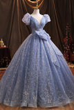 Blue Tulle Sequins Long Prom Dress, A-Line Evening Gown with Bow HZ0429
