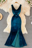 Simple V-Neck Velvet Long Dresses HZ0429
