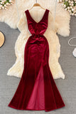 Simple V-Neck Velvet Long Dresses HZ0429